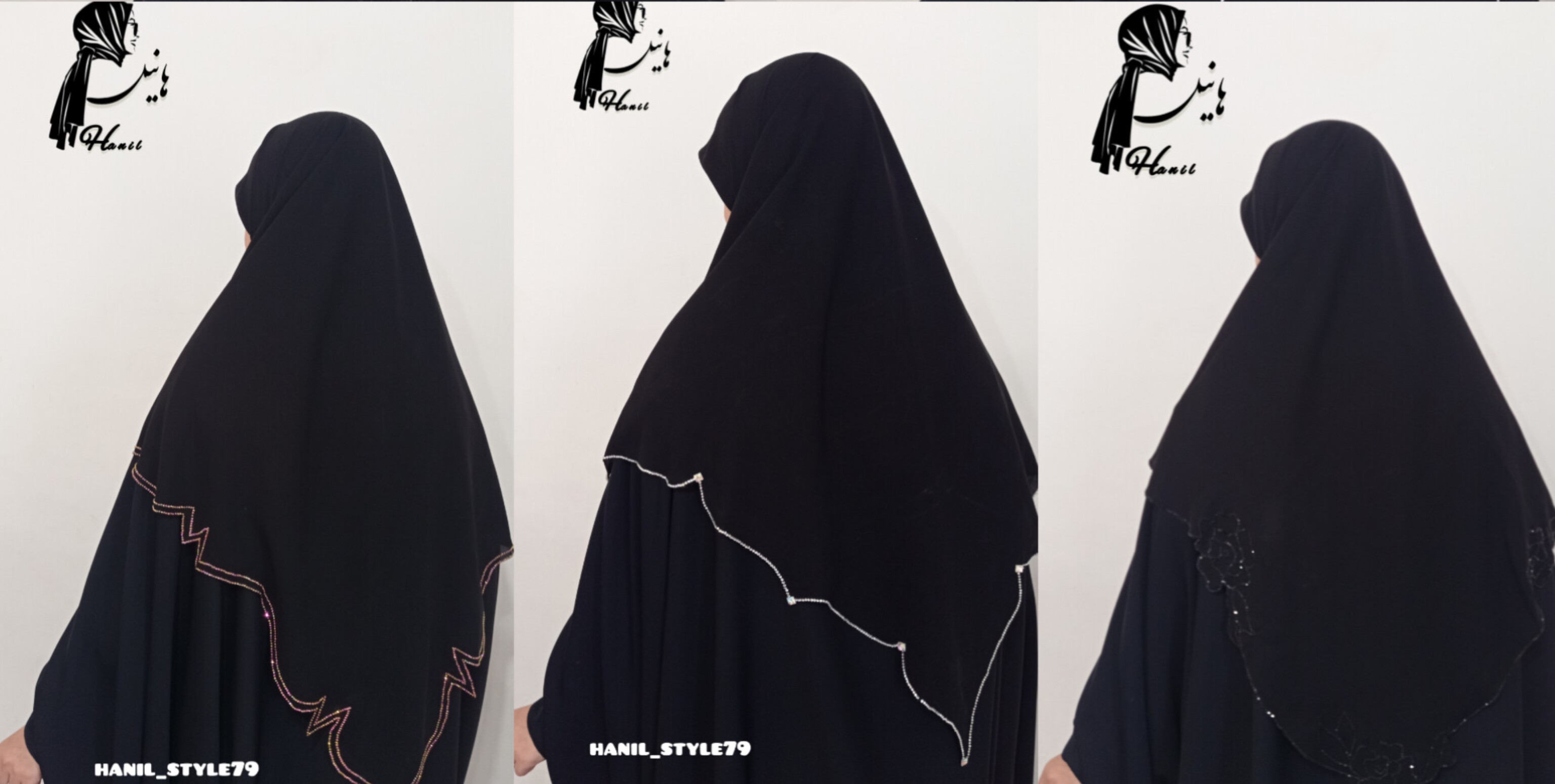 روسری زنانه مشکی کرپ حریر هویه کاری نگین کاری شده قواره ۱۳۰